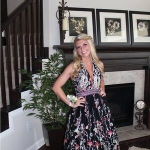 Jovani Black Floral Halter Prom Dress with Pink & Green Embroidery